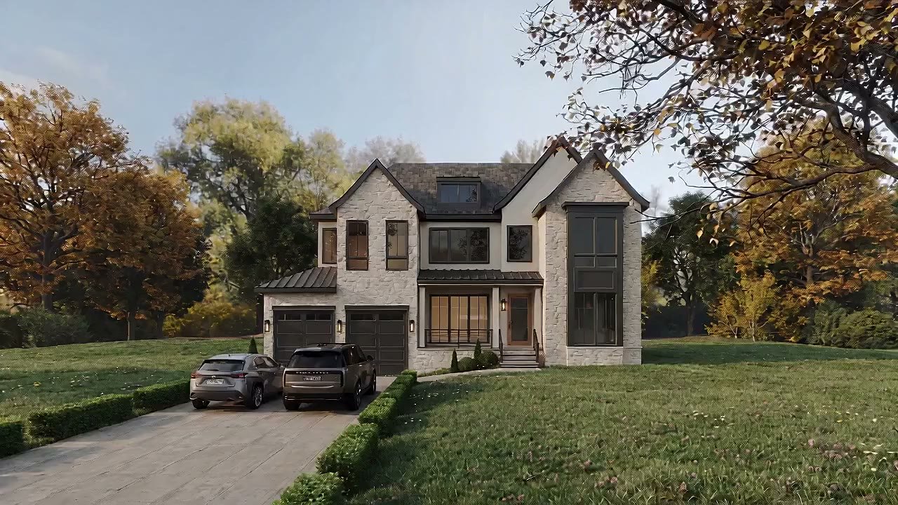 Architectural rendering of the front elevation of 6214 Loch Raven Drive, a limestone and stucco residence with a two-car garage