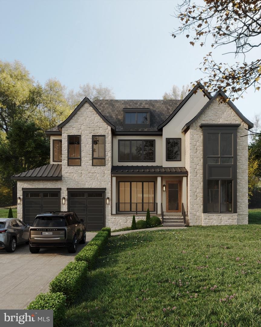 Rendering of the limestone and stucco front elevation with two garage bays and a covered oak entry door