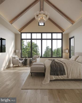 Rendering of the primary bedroom with a cathedral ceiling, exposed beams, chandelier, and a wall of windows facing trees